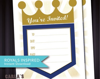 Royals Inspired DIY Party Invitation with Blanks for Your Info!- PRINTABLE 4 on a Page Layout Instant Download, Blue & Gold with Crown