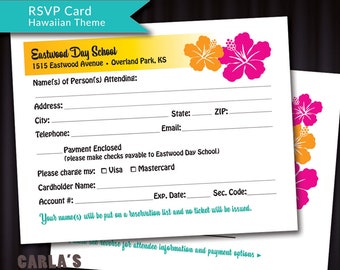 PRINTABLE RSVP Card for Auction and Fundraiser - Hawaiian and Tropical Theme | 4 on a Page Layout | DIY Response Card