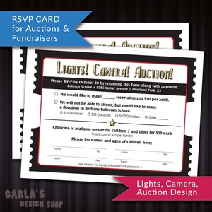 DRUCKBARE Antwort- oder Spendenkarte für Auktionen und Fundraisers | Beleuchtung, Kamera, Auktionsdesign! Movie Ticket Theme | DIY Antwortkarte