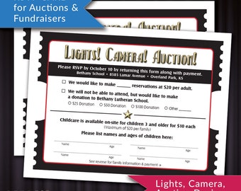 PRINTABLE RSVP or Donation Card for Auctions and Fundraisers | Lights, Camera, Auction Design! Movie Ticket Theme |  DIY Response Card