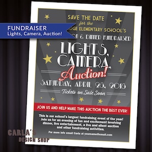 Lights Camera Auction Movie and Cinema Theme PRINTABLE Invitation with Lighting Effect & Stars Theater Invitation JPG or PDF File image 1