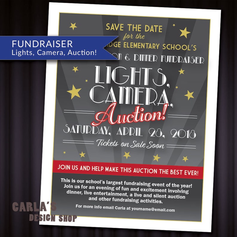 Lights Camera Auction Movie and Cinema Theme PRINTABLE Invitation with Lighting Effect & Stars Theater Invitation JPG or PDF File image 1