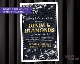 Denim & Diamonds Theme Printable Invitation with Yellow Stitching and Jean, Gold and Diamond Effects | Denim Look | JPG, PNG, PDF File