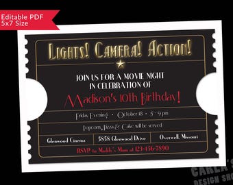 Lights! Camera! Action! Movie Ticket EDITABLE and PRINTABLE Invitation
