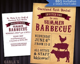 Barbeque Style Western Postcard with Parchment Background | Cow, Pig & Chicken Design | PRINTABLE Invitation for Your Company Get-Together