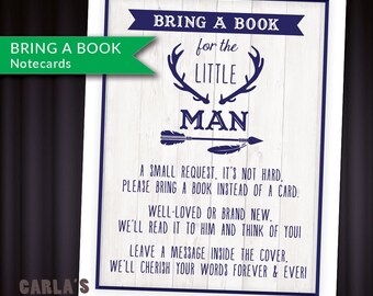 Little Man Bring a Book Cards | PRINTABLE 4 on a Page Layout Instant Download | Antlers and Arrows theme with Wooden Background | JPG & PDF