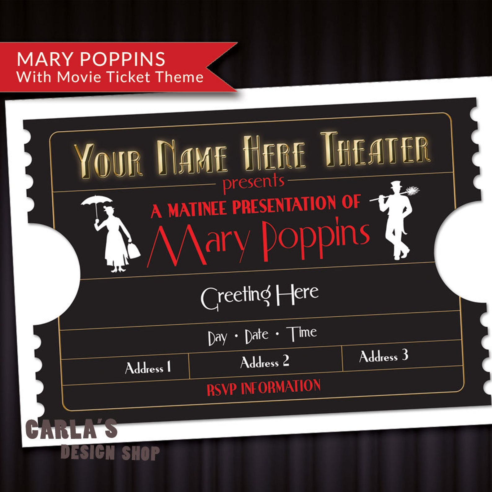 Mary Poppins Inspired Movie Ticket PRINTABLE Invitation With Gold ...