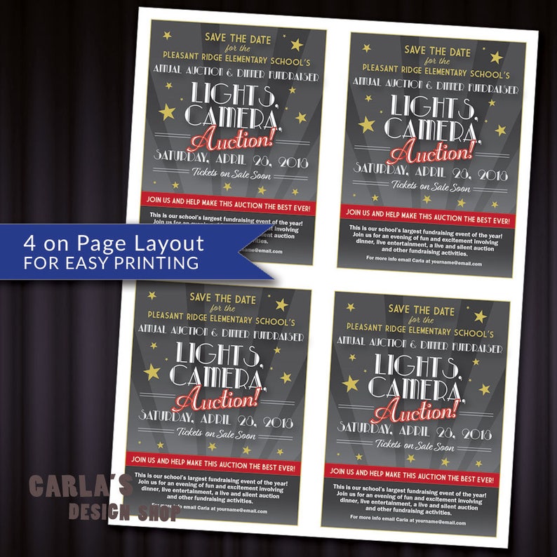 Lights Camera Auction Movie and Cinema Theme PRINTABLE Invitation with Lighting Effect & Stars Theater Invitation JPG or PDF File image 4