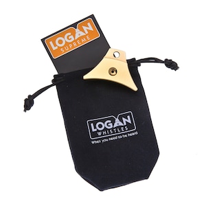 May include: A gold whistle with a black velvet pouch. The pouch has the text "Logan Whistles" and "When you need to be heard". The whistle is labeled "Logan Supreme".