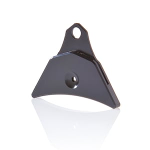 May include: Black whistle with a triangular shape and a small hole in the center. The whistle has a rounded edge and a small loop at the top.