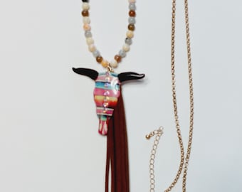 Striped Long Horn Necklace with Leather Tassel