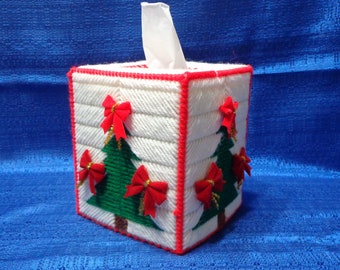 Vintage Tissue Box Cover Christmas Tree, Plastic Christmas Canvas Needlepoint Handmade