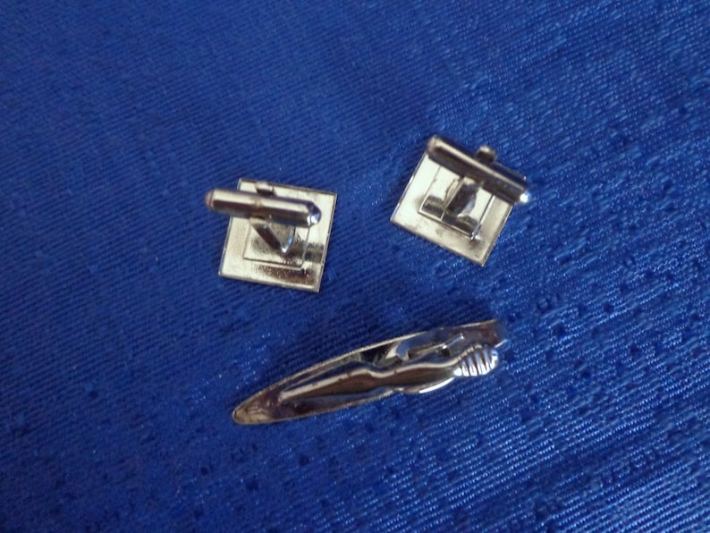 Tie Bar Mid Century Square Cufflinks Cuff Links Vintage Silver Cufflinks and Tie Clip Mens Gift