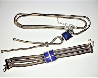 Vintage 80's Avon Gold Blue Set Necklace and Matching Bracelet