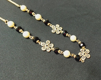 Gold Tone Long Flower and Pearl Necklace