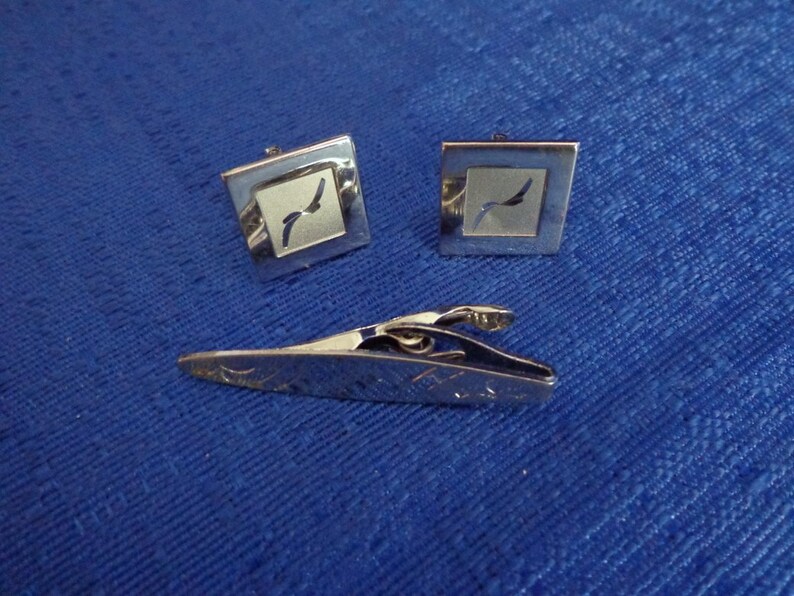 Tie Bar Mid Century Square Cufflinks Cuff Links Vintage Silver Cufflinks and Tie Clip Mens Gift