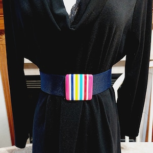 Navy Blue Stretch Belt, Blue Elastic Waist Belt With Striped Buckle