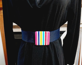 Navy Blue Stretch Belt, Blue Elastic Waist Belt With Striped Buckle