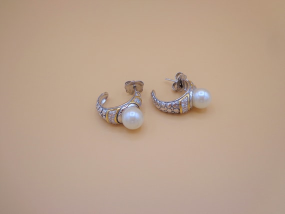 2 tone Sterling Silver Pearl Earrings, Hoop Stud … - image 1