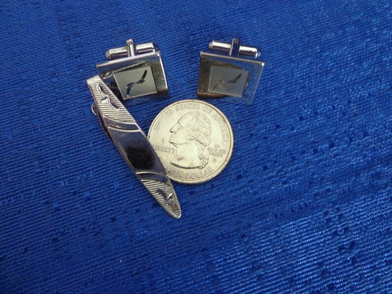 Tie Bar Mid Century Square Cufflinks Cuff Links Vintage Silver Cufflinks and Tie Clip Mens Gift