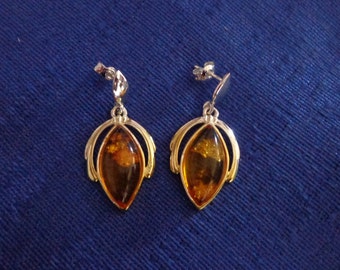 Sterling Silver Faux Amber Dangle Earrings: Two-Tone Studs