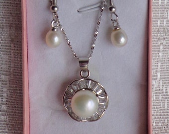 Vintage Süßwasserperle Sterling Silber Halskette Set: Brautschmuck