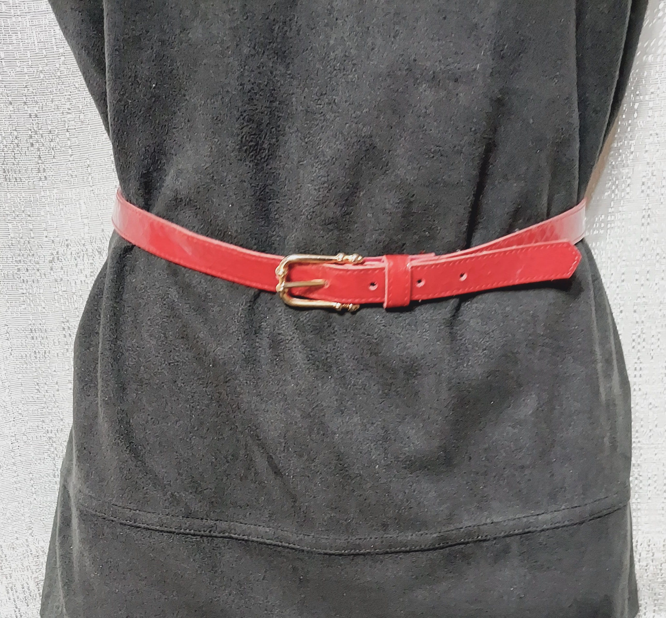 Vintage red leather gold hardware waist belt western art deco boho snake Small Vintage Brown Snake Pattern Leather Belt: Skinny Boho Style  main image 3