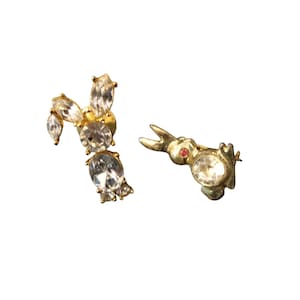 2 Gold Metal Easter Bunny Pins with Rhinestones, Rabbit Pin