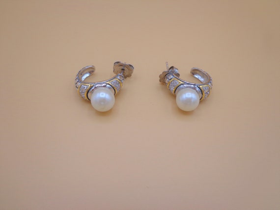 2 tone Sterling Silver Pearl Earrings, Hoop Stud … - image 2