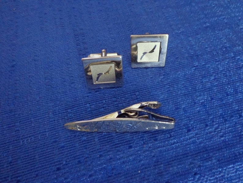 Tie Bar Mid Century Square Cufflinks Cuff Links Vintage Silver Cufflinks and Tie Clip Mens Gift