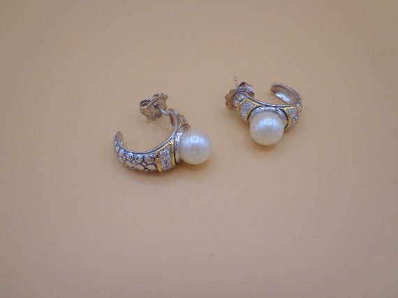 2 tone Sterling Silver Pearl Earrings, Hoop Stud … - image 3