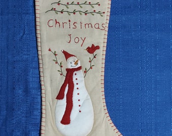 Lined Handmade Burlap Stocking, Vintage Snowman Christmas Stocking