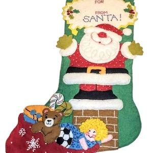 "Vintage Bucilla Filzstrumpf ""SANTA"" Filz Weihnachtsstrumpf, grüner Weihnachtsstrumpf."