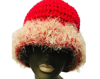 Red Versatile Crochet/Cream Fur Hat