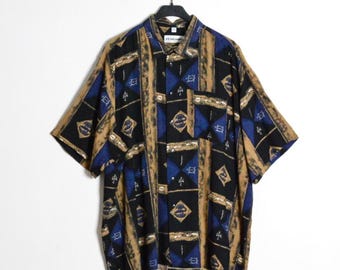 Vintage 90s Navy Blue Oversized Aztec Animal Print Grunge Mens Oversized Short Sleeve Summer Button Shirt Size XXL