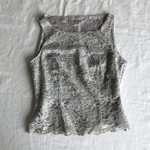 Vintage Silver Grey Floral Womens Lace Top Flower Print Tank Top Size Small S