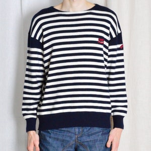 Vintage 90s Navy Blue White Striped Wool Blend Venezia Italy Sailor Style Sweater Size Medium