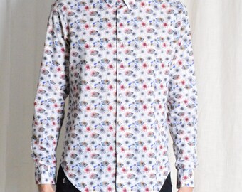 Vintage 90s White Colourful Floral Print Long Sleeve Mens Shirt Size Medium