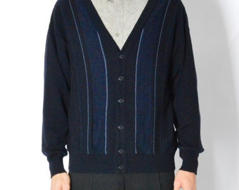 Chaqueta tipo cárdigan estilo preppy de mezcla de lana a rayas azul marino vintage de los años 90 para hombre, talla mediana M