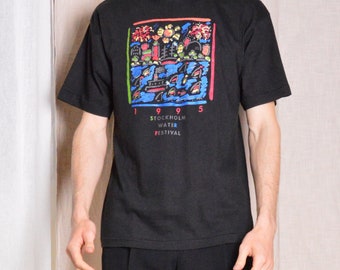 Vintage 90s Black Colourful Graphic Art Sweden Stockholm 1995 Festival T-Shirt Size S