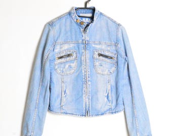 Y2K vervaagd blauw damesdenimjack met distressed-effect, racestijl, maat Small S
