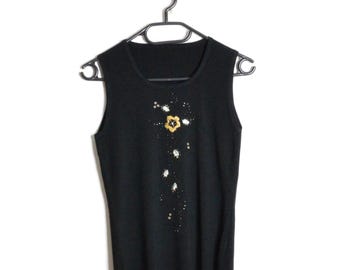 Vintage 90s Black Knit Embroidered Flower Womens Top Size Extra Small XS