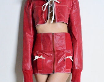 Reworked Y2K Chili Red Leather Two Piece Set Crop Jacket and Skirt Size Small S