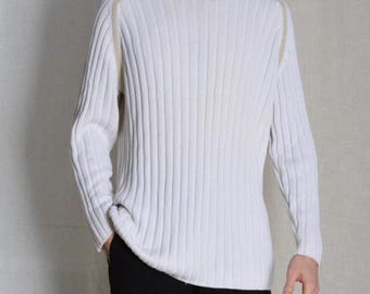Suéter masculino vintage de malha canelada grunge, tamanho extra grande, anos 90, aveia, branco, GG