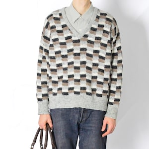 Vintage 80s RODIER Grey Beige Check V-Neck Wool Blend Sweater Size L