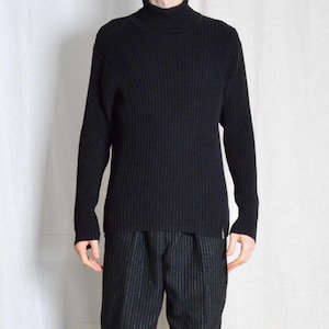 Y2K Black Minimalist Ribbed Knit Cotton Turtleneck Mens Sweater Formal Preppy Jumper Size Large L