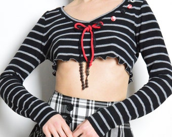 Y2K Reworked Striped Micro Crop Top: Red Lace Bow Detail, XS