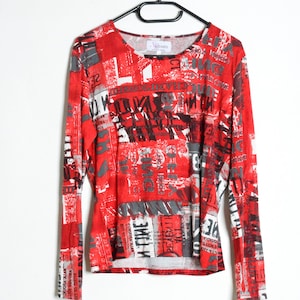 Y2K Red Graphic Rave Grunge Graffiti Manga Longa Top Camisa Feminina Tamanho Grande L