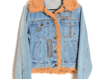 Y2K Light Blue Faux Fur Penny Lane Style Denim Womens Grunge Jacket Size M Medium