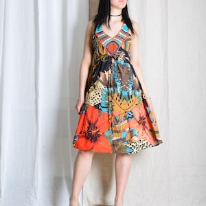 Y2K Desigual Colourful Abstract Wild Life Boho Print Crochet Collar Midi Dress Size L